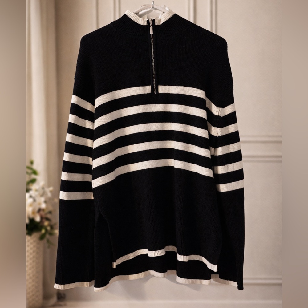 Striped Knit Sweater Black White Quarter Zip Minimalist Chic L - Picture 2 of 7